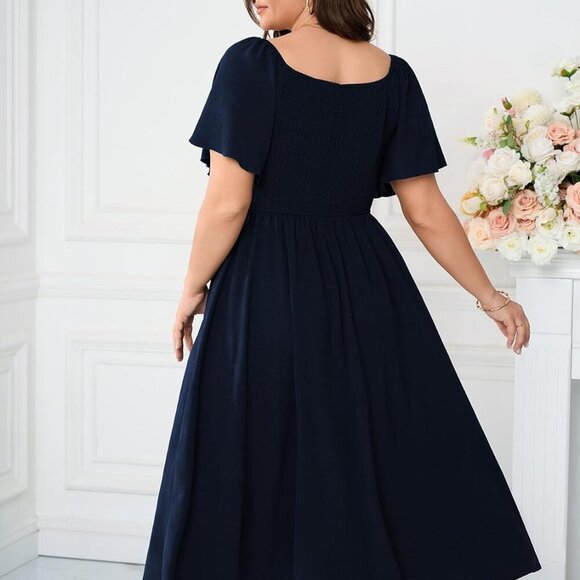 Women Plus Size Midi Dress Short Sleeve V Neck Flowy A Line Smocked Summer - Picture 5 of 5